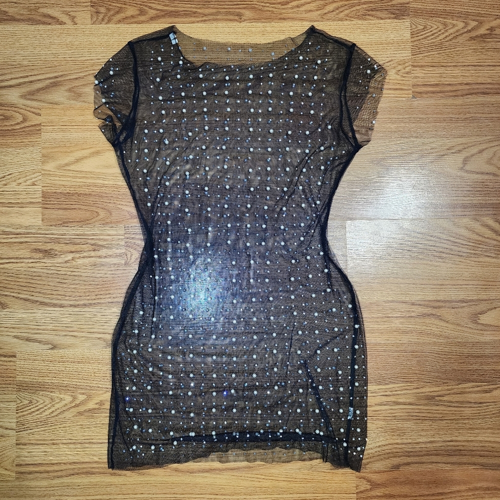 Pearl Jewel Embellished Mesh Mini Dress Sz S